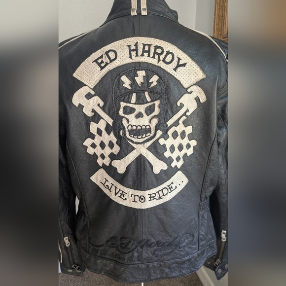 Vintage Ed Hardy Leather Skull Live To Ride Motorcycle Jacket - Picture 3 of 16